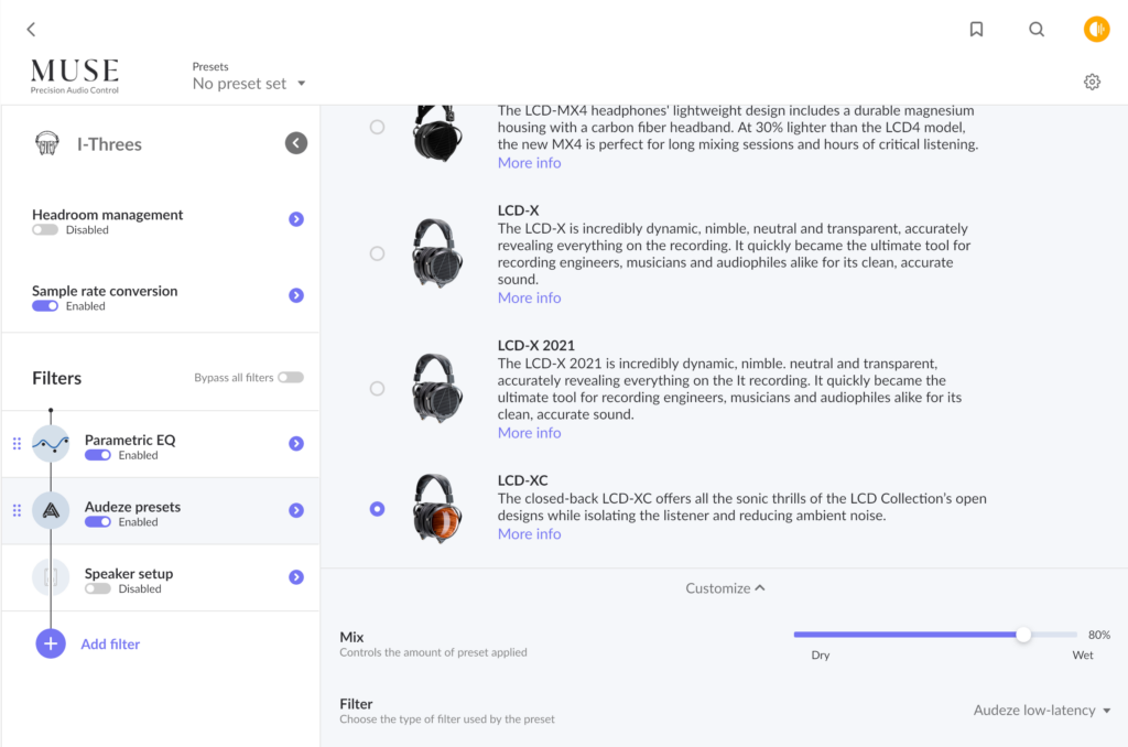 Roon Knowledge Base Alles Über Audio MUSE Präzise Audiokontrolle Audeze Voreinstellungen ACM Premium Audio