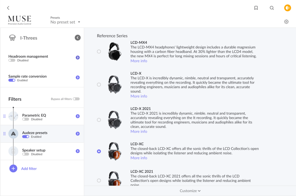 Roon Knowledge Base Alles Über Audio MUSE Präzise Audiokontrolle Audeze Voreinstellungen ACM Premium Audio