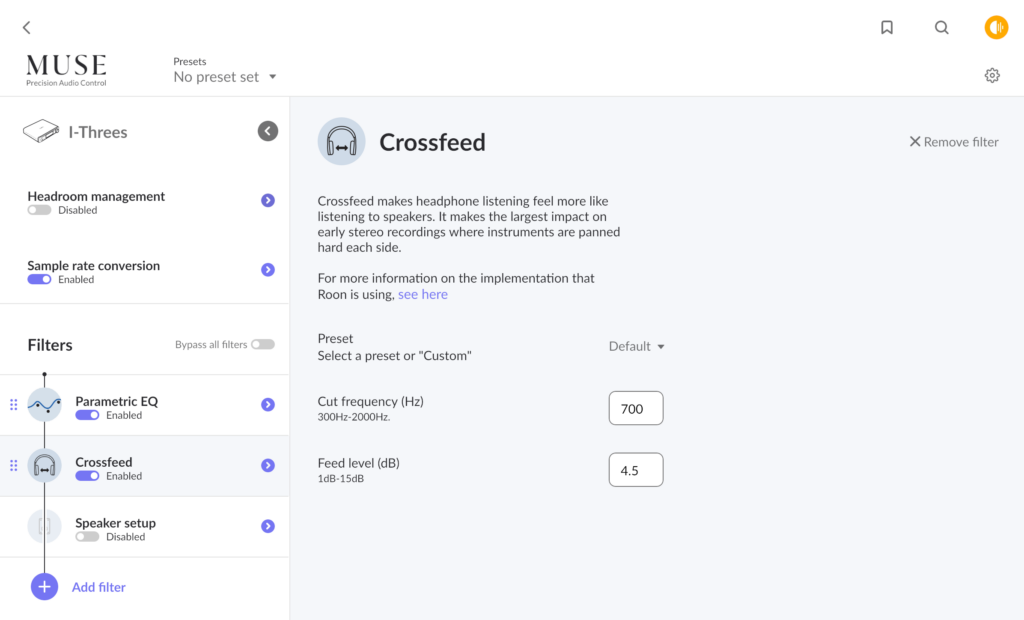 Roon Knowledge Base Alles Über Audio MUSE Präzise Audiokontrolle Crossfeed ACM Premium Audio