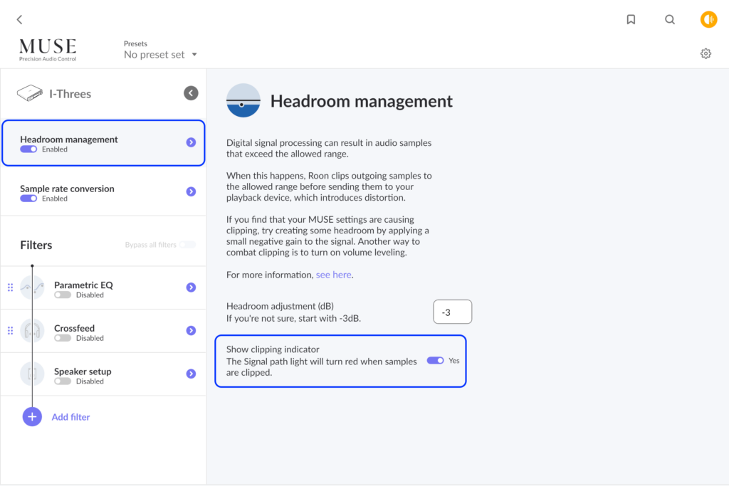 Roon Knowledge Base Alles Über Audio MUSE Präzise Audiokontrolle Headroom Management ACM Premium Audio