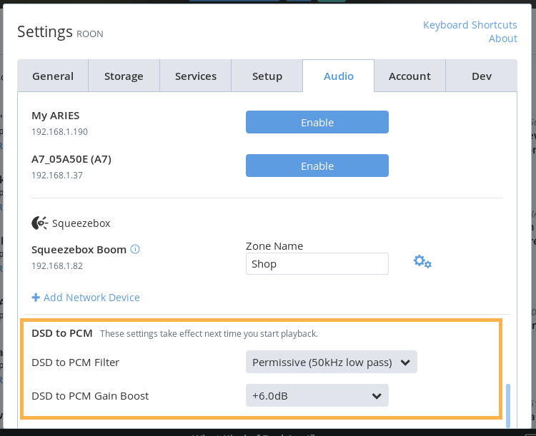 Roon Knowledge Base Allgemeine Audioeinstellungen DSD-zu-PCM-Verstärkung ACM Premium Audio