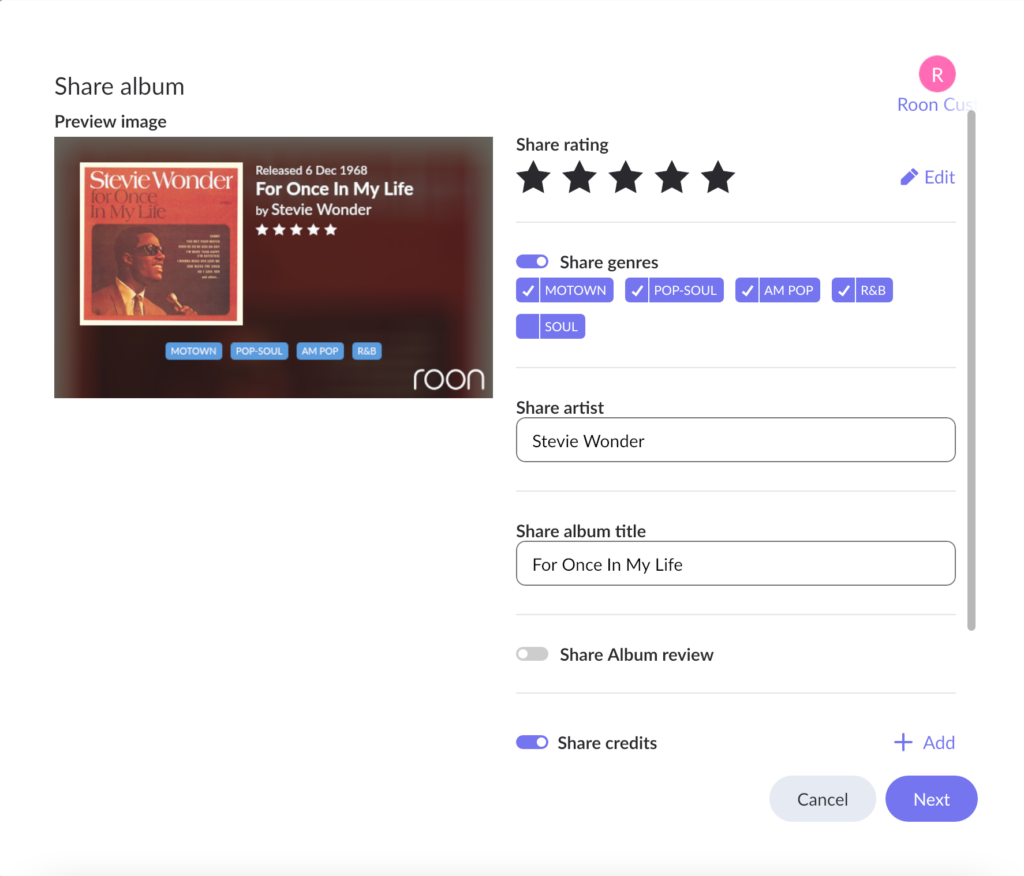 Roon Knowledge Base Neue Musik Entdecken Teilen in sozialen Netzwerken ACM Premium Audio